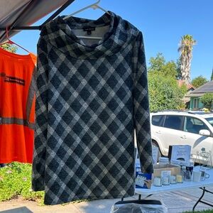 Lane Bryant Black and Gray Plaid Cowl Neck Sweater